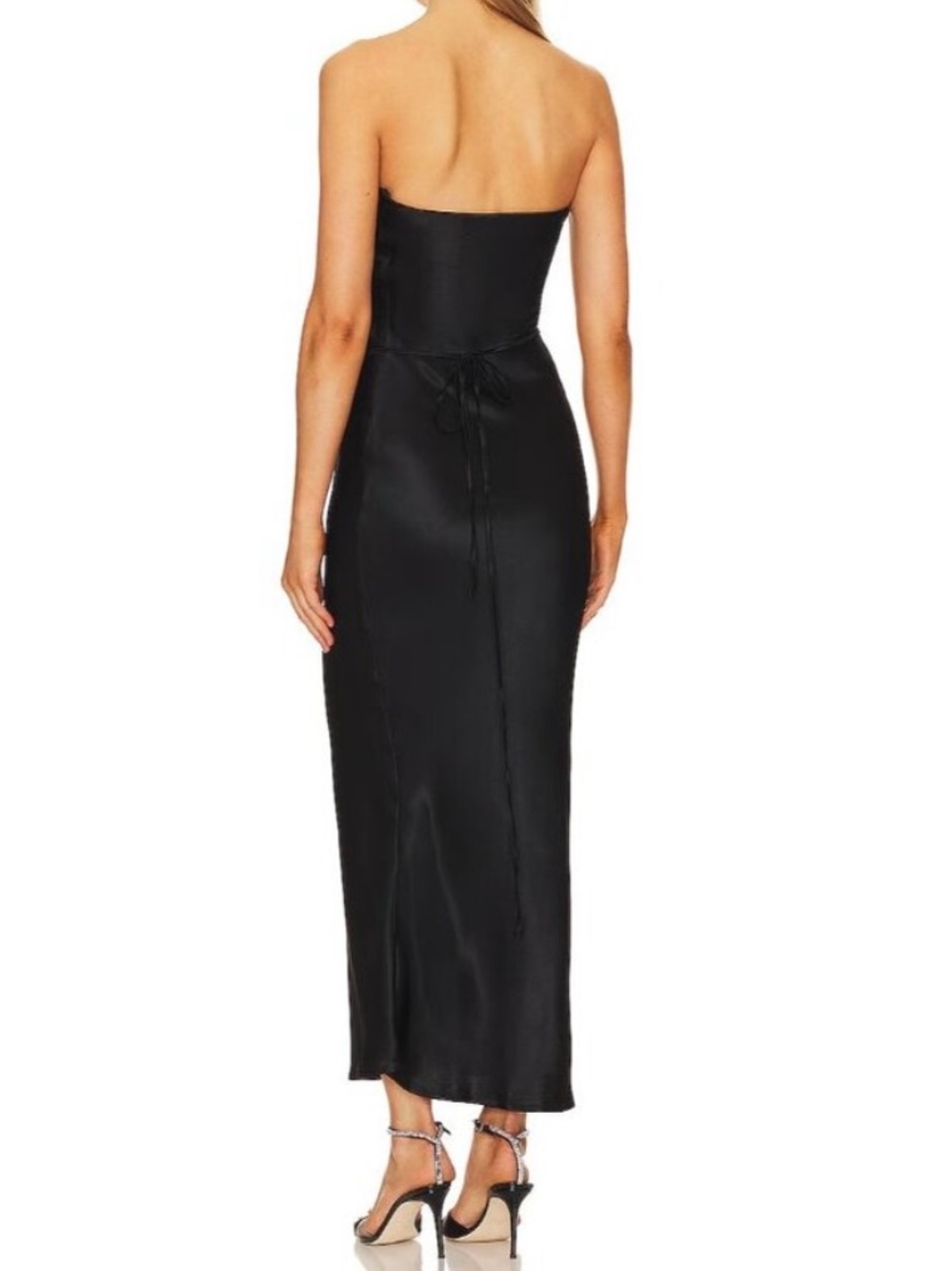 Revolve SNDYS Angel Rosette Black Strapless Silky Maxi Dress with Rose belt Smal - Picture 3 of 7